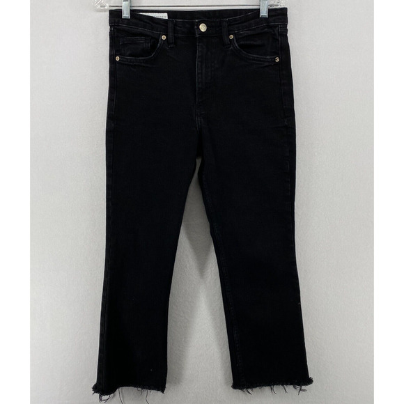 ZARA Jeans Womens 6 Slim Straight High Waist Cropped Fringed Denim Cotton Black - Picture 1 of 13